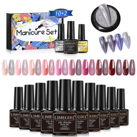 Limegirl 10 Colors 8ML Nail Gel Polish Nail Set With Base Coat Top Coat Nail Mirror Glitter Powder DIY Metallic Colorful Dust Metal Effect  LED U (Color: ZH445-2)